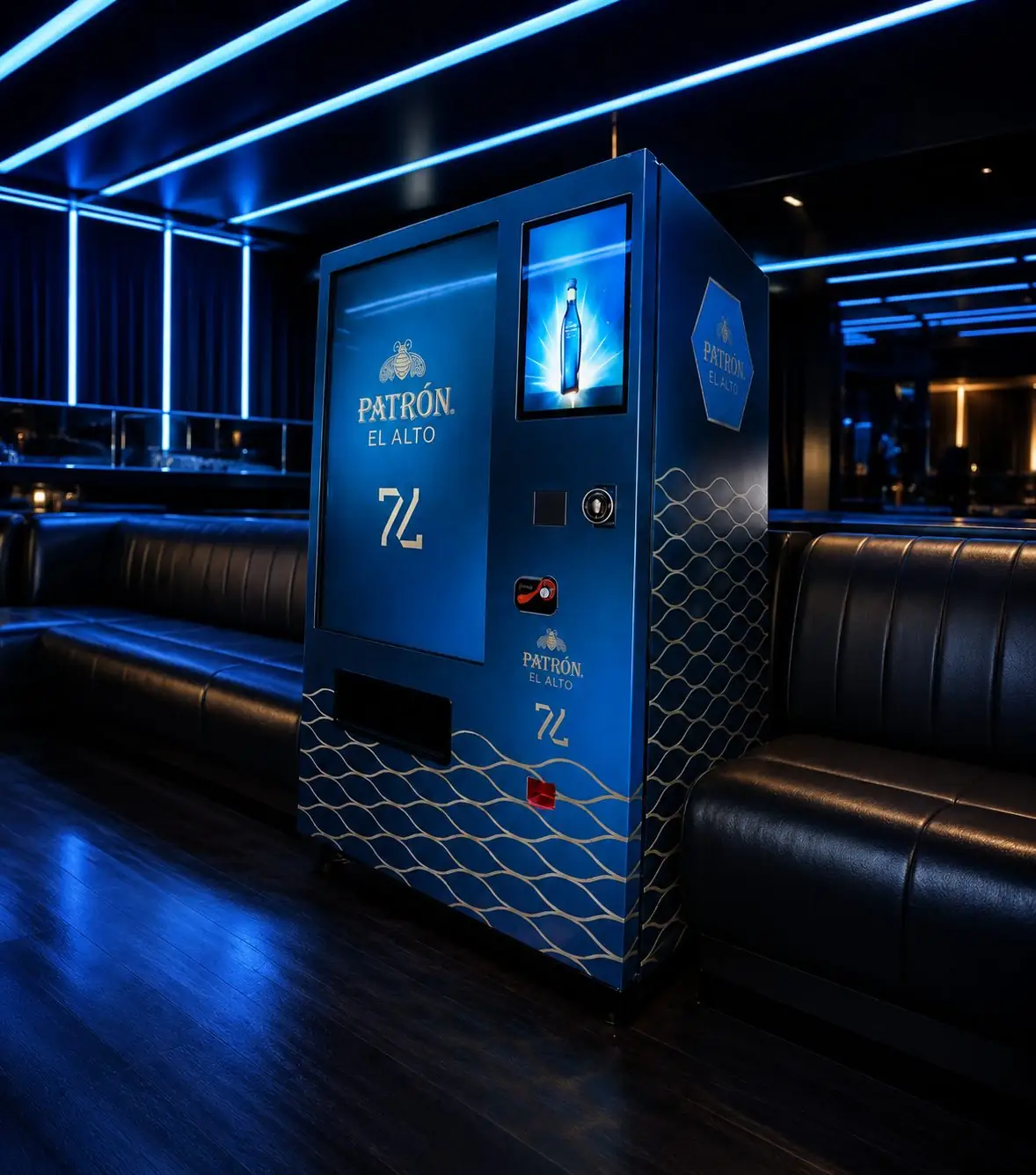 The Patrón El Alto branded vending machine installed in a members' club lounge