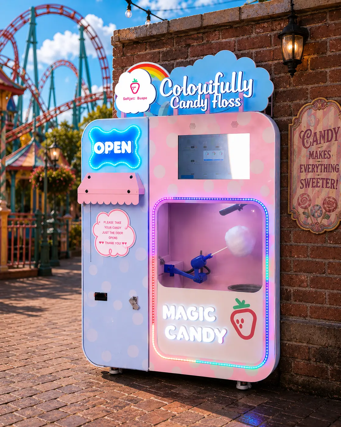 Magic Candy Floss machine serving a cone of cotton candy