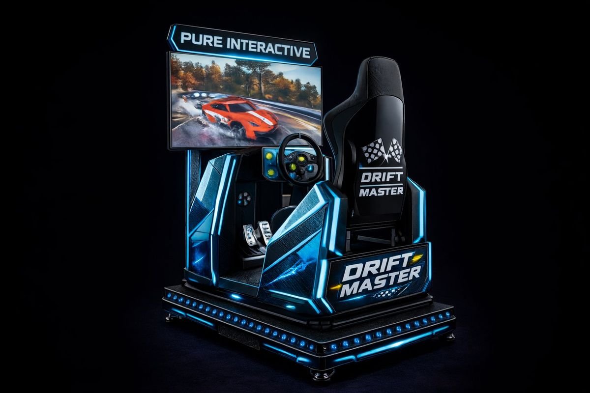 Drift Master racing simulator with bucket seat, force-feedback wheel and HD screen