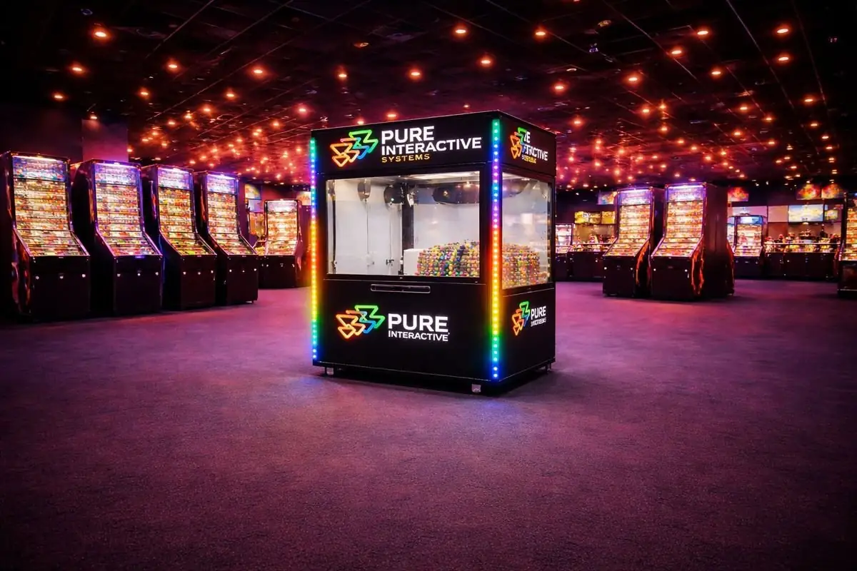 Pure Interactive Systems grab machine filled with prizes, edged in rainbow LED lighting
