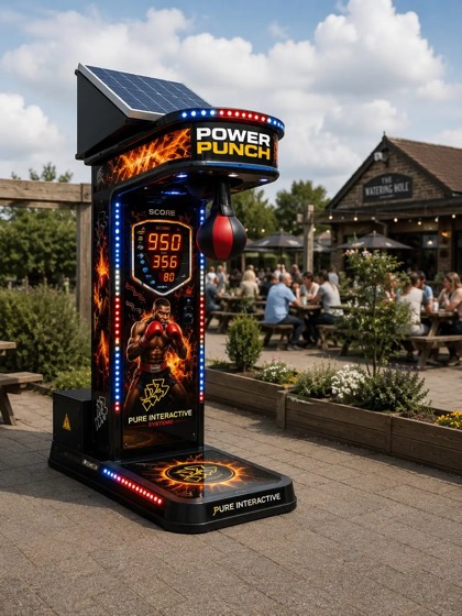 Solar-powered Power Punch boxing machine in a pub beer garden