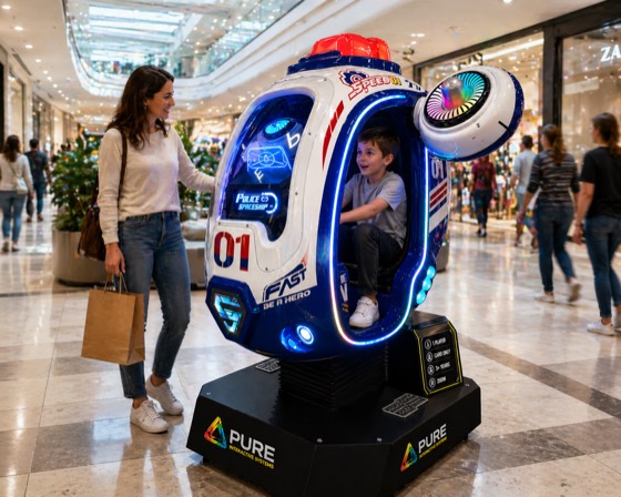Police Spaceship kiddie ride in a shopping centre