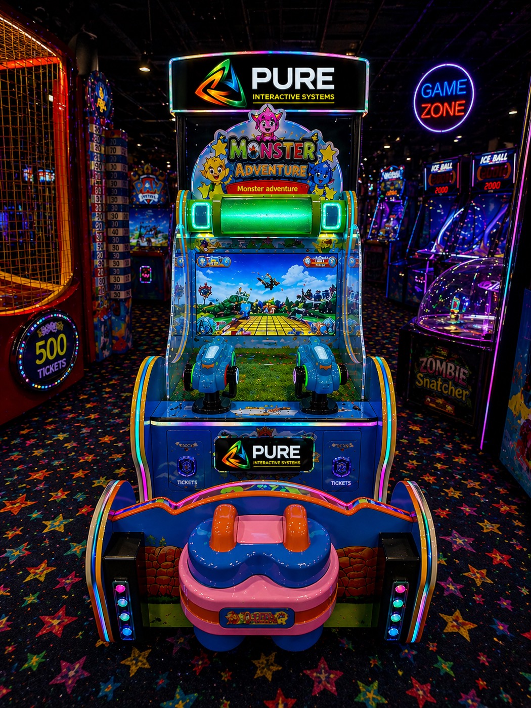 Monster Adventure kids' shooter cabinet with padded seat and light guns