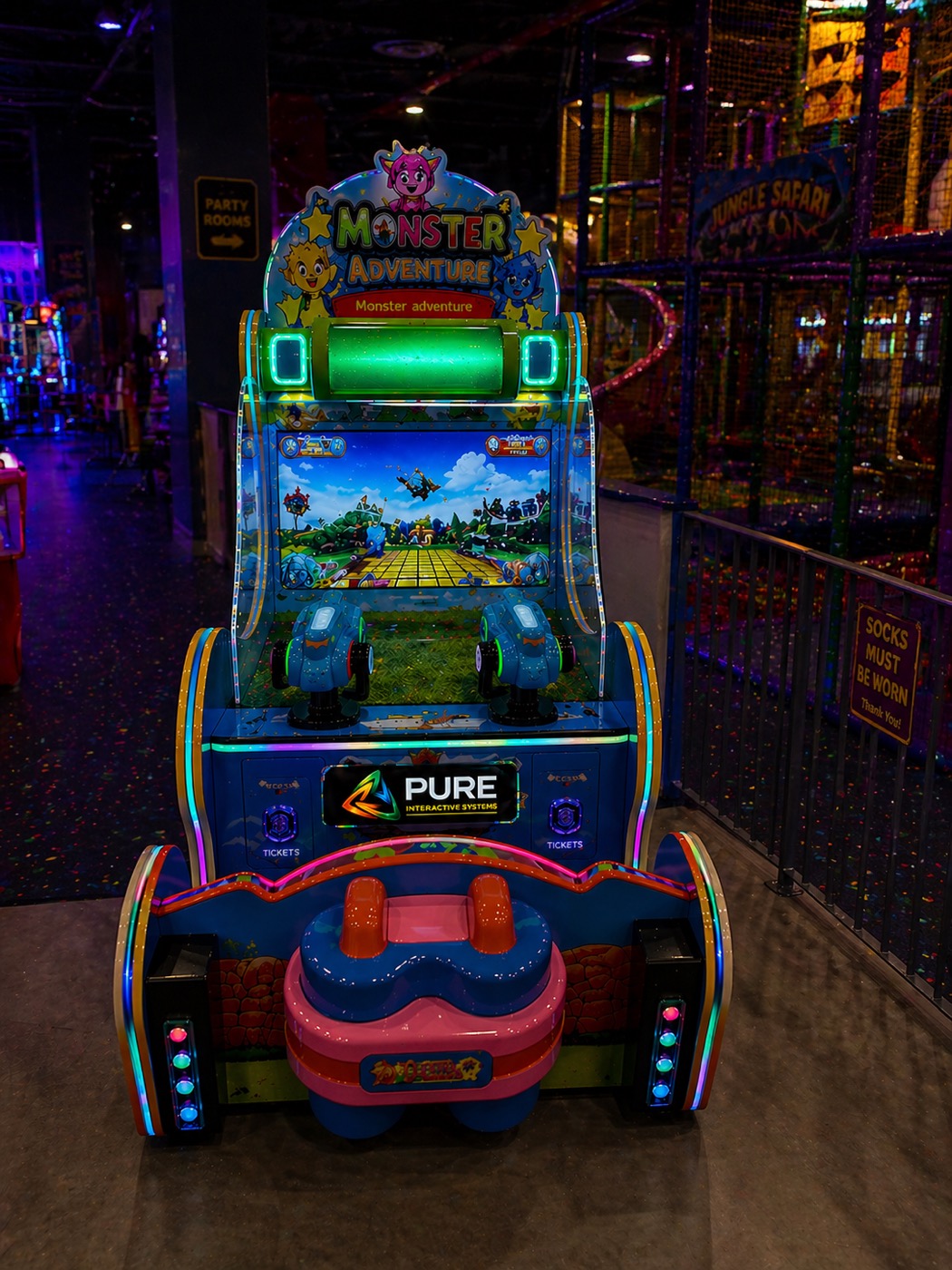 Monster Adventure cabinet with RGB trim and cartoon monster gameplay