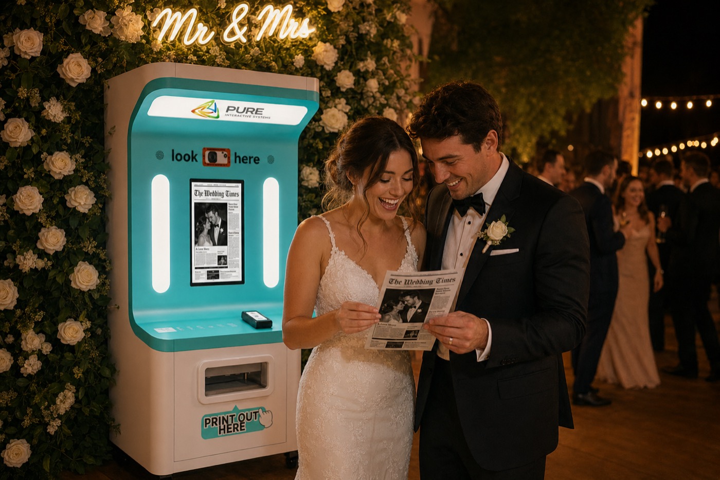A couple collecting their personalised newspaper front page from the Pure Interactive-branded booth