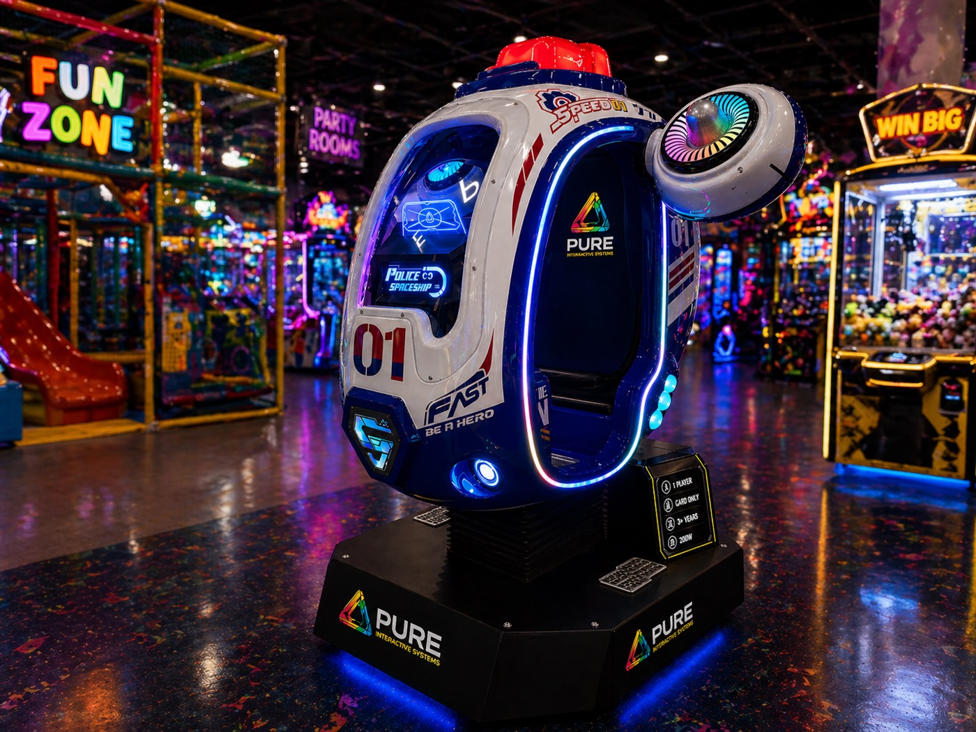 Police Spaceship kiddie ride, front view with lit screen
