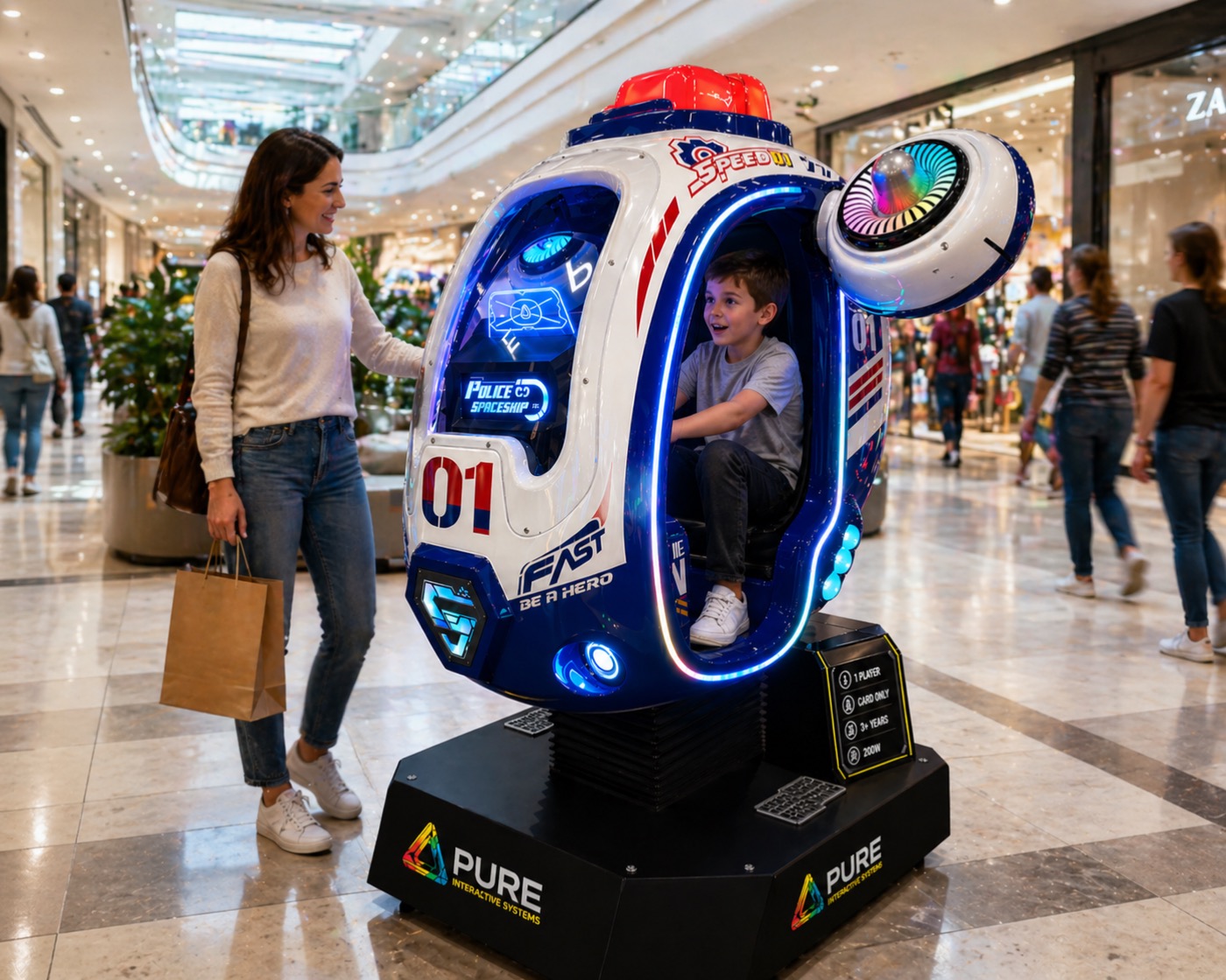 Police Spaceship kiddie ride with rotating red siren in a shopping centre
