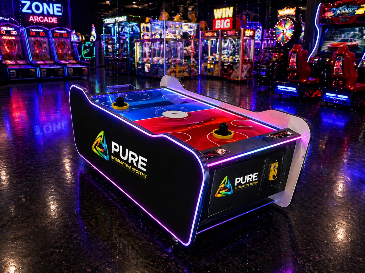 Super Hockey table with joystick controls and comic-style wrap