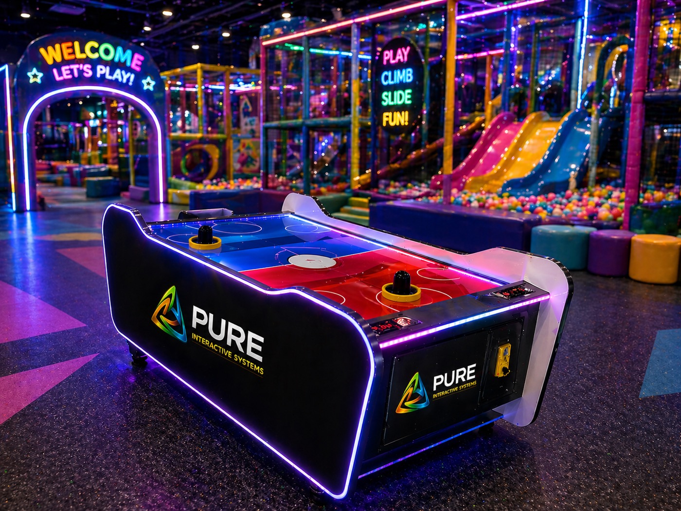 Super Hockey air hockey table with RGB LED edge lighting