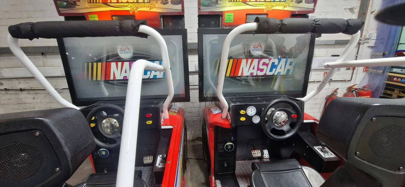 NASCAR upright cabinets, front view of screens and wheels