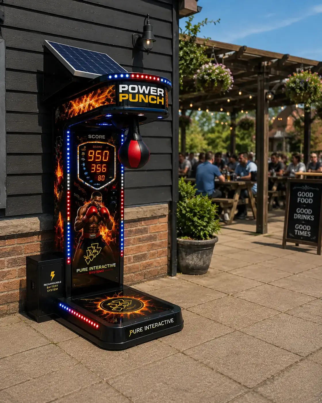 Roof-mounted solar panel on an outdoor arcade machine