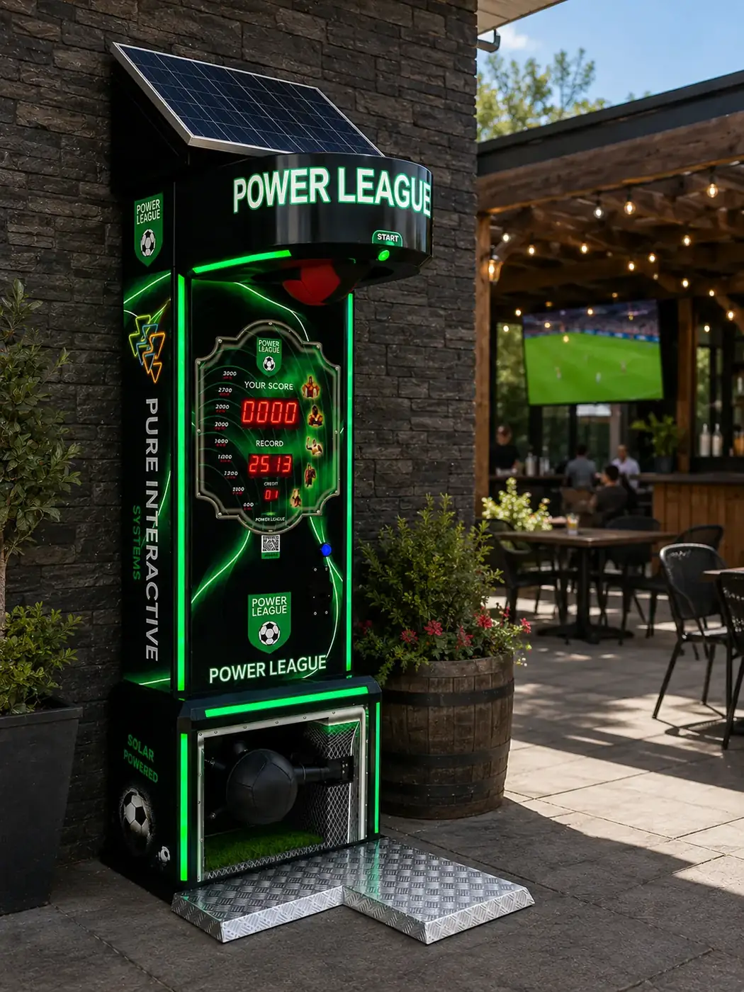 A solar-powered Power League football machine on a pub patio