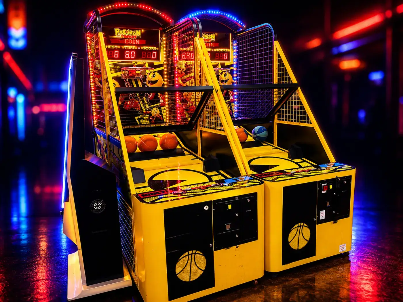 Pac-Man Basket twin basketball lanes with LED trim and score displays