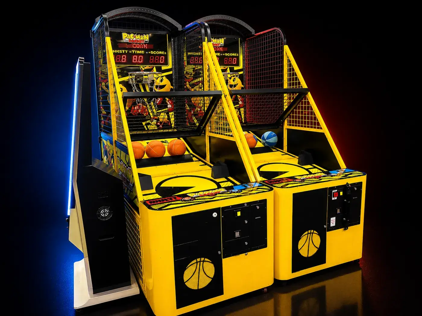Close-up of the Pac-Man Basket hoop and ball return