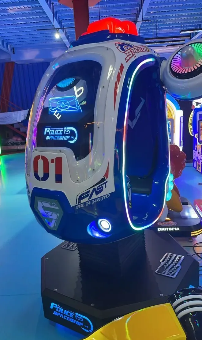 Police Spaceship kids' ride, white and blue, full machine with siren