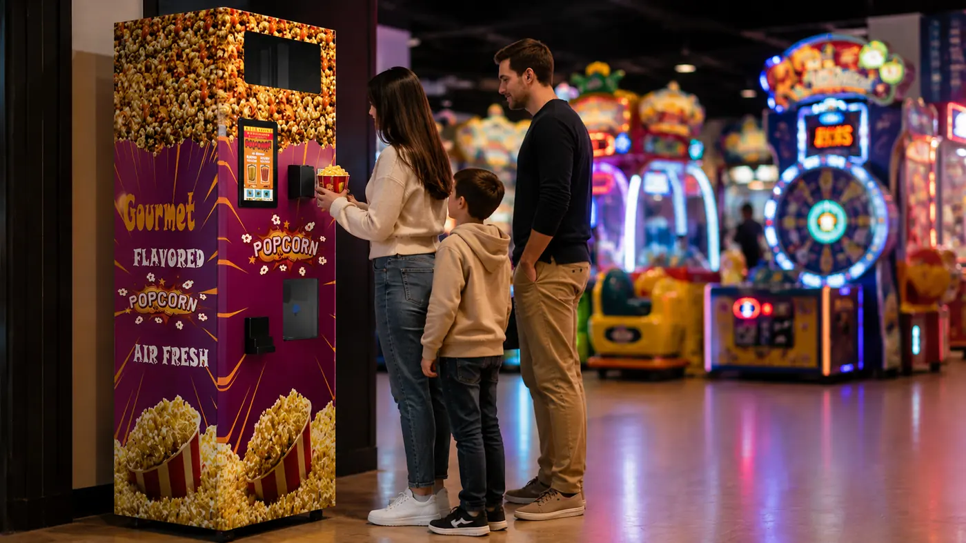 Self-service popcorn machine with pictographic touchscreen