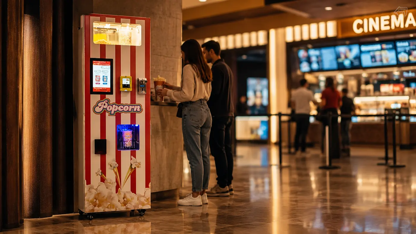 Popcorn machine dispensing fresh popcorn into a cup