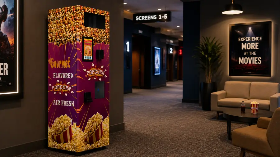 Popcorn machine in a venue, steel cabinet with lit signage
