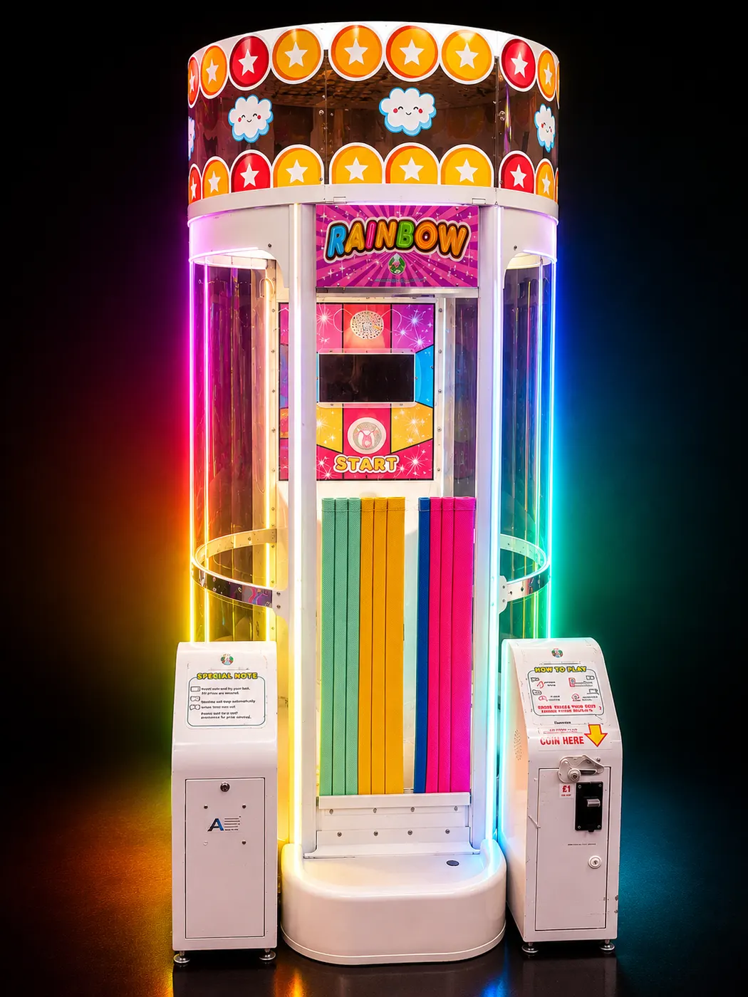 Rainbow Prize Tower with cloud and star graphics and ribbon curtain entrance