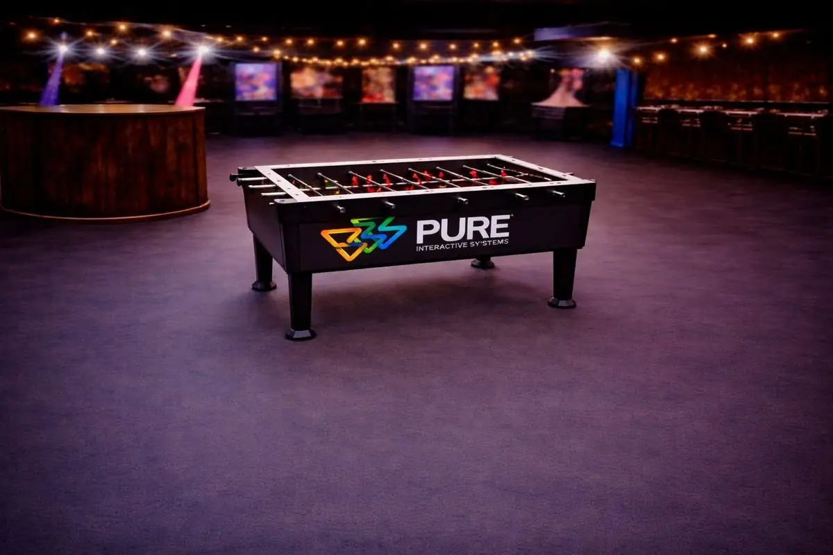 Soccer Pro football table with Pure Interactive Systems branding